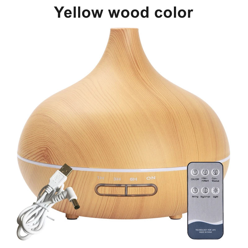 550ml USB Aroma Diffuser – Wood Grain Essential Oil Humidifier with LED & Remote